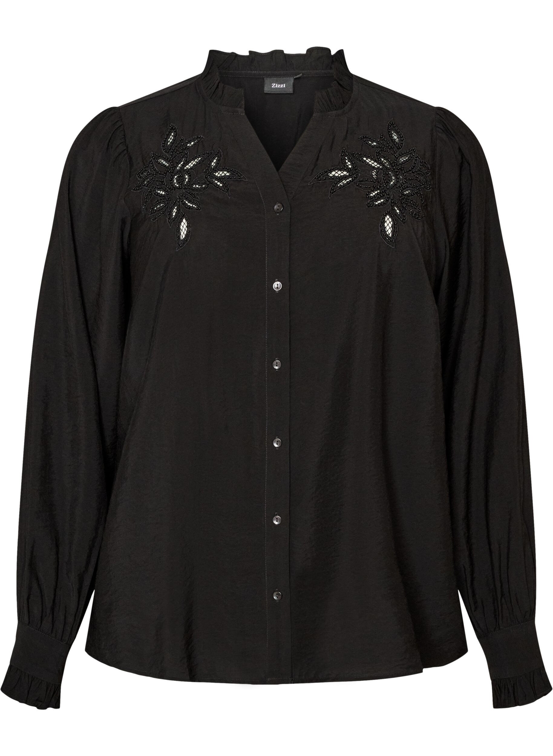 Shirtblouse met geborduurde bloemapplicaties