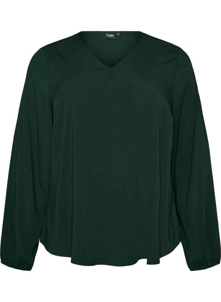 Viscose blouse met V-hals en afgeronde zoom, Groen, Packshot image number 0