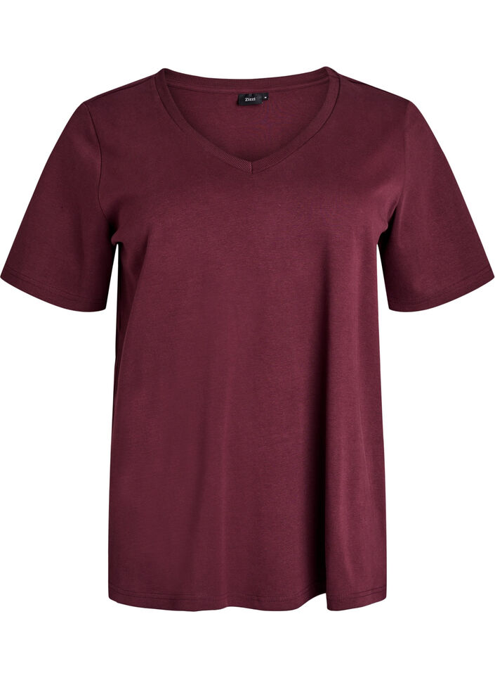 Basic V-hals T-shirt in biologisch katoen, Donker Bordeaux, Packshot image number 0