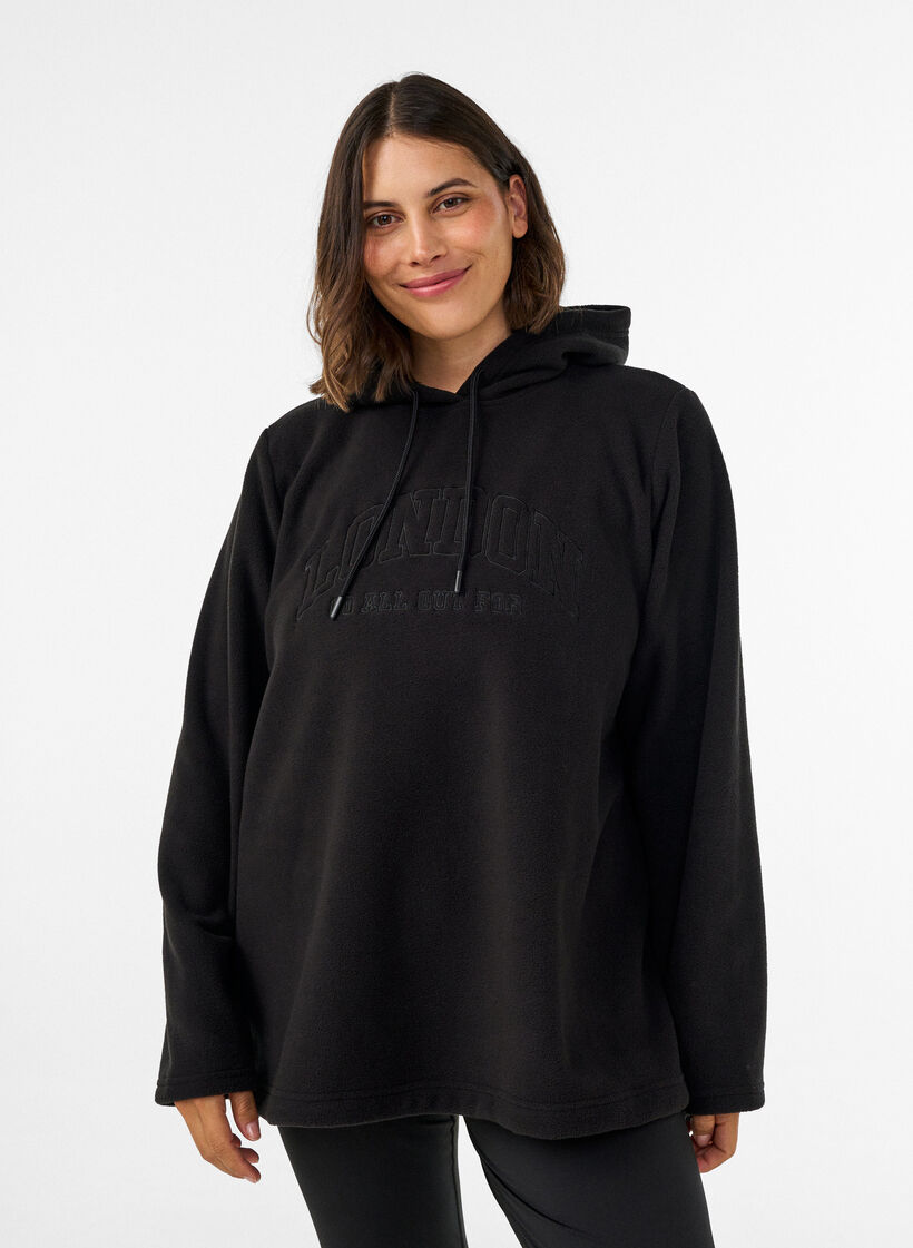 Fleece hoodie met een hoge nek en geborduurde tekst, Zwart, Model image number 0