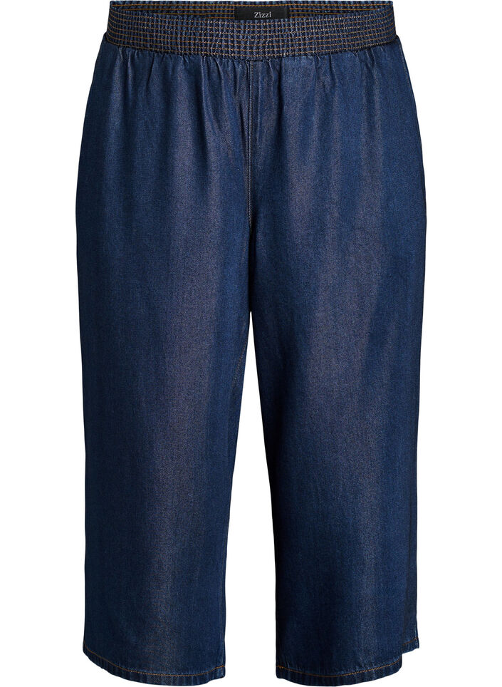 Lyocell culotte broek met wijde pijpen en denimlook, Blauw, Packshot