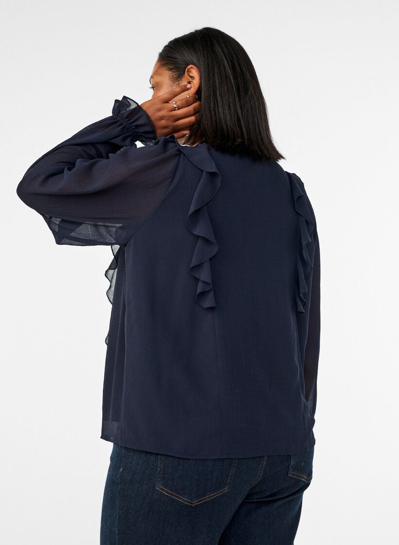 Transparante blouse met ruches en striksluiting, Blauw, Model image number 2