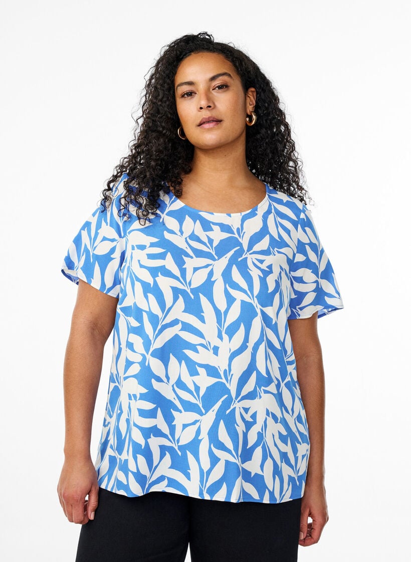 FLASH - Viscose blouse met korte mouwen en print, Blauw, Model image number 0