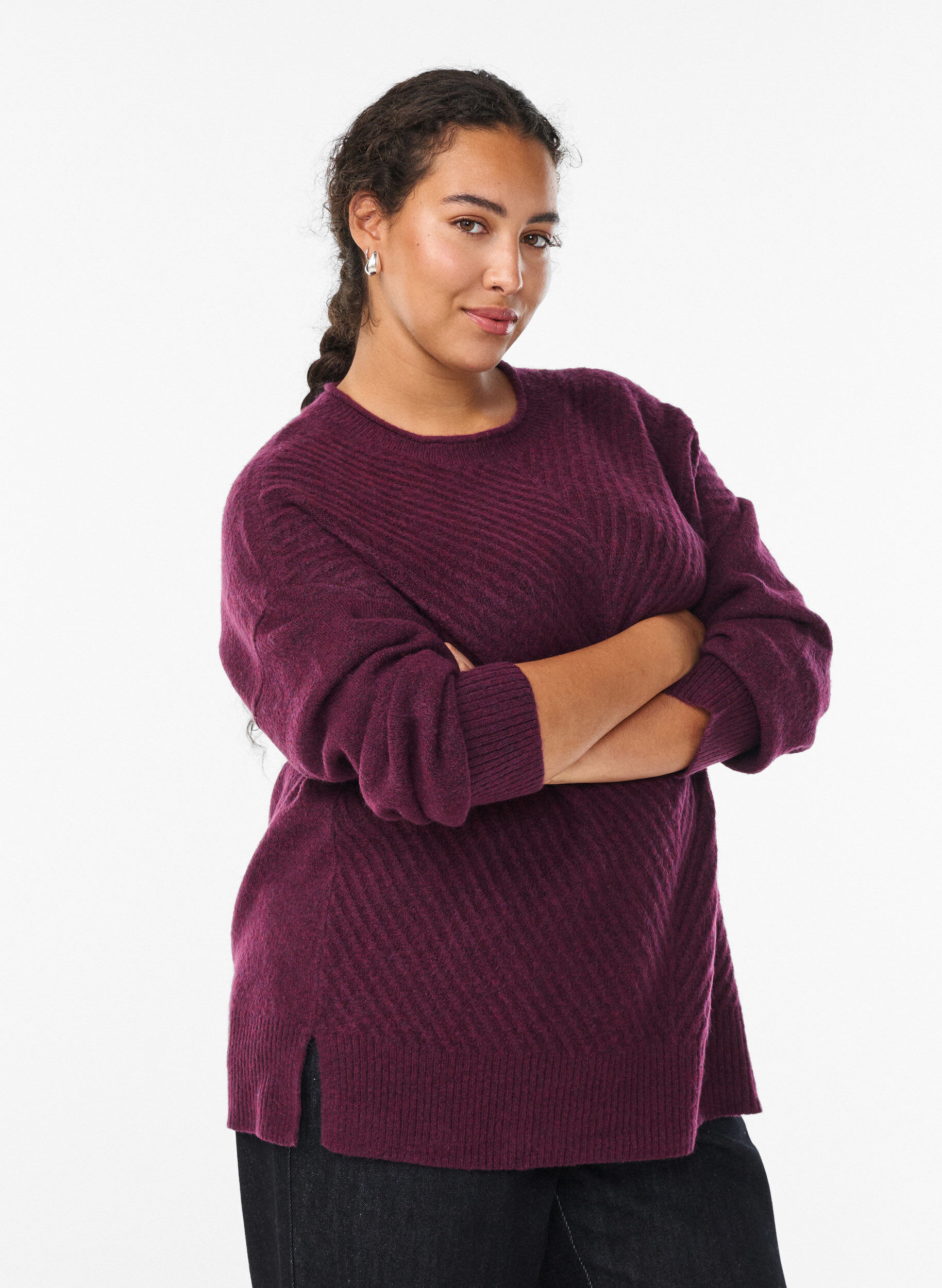 Gebreide blouse met V-vormig geribd patroon en zijsplitjes, Paars, Model