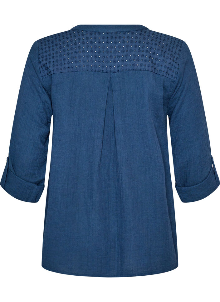 Blouse in katoenen mousseline met broderie anglaise, Blauw, Packshot image number 1