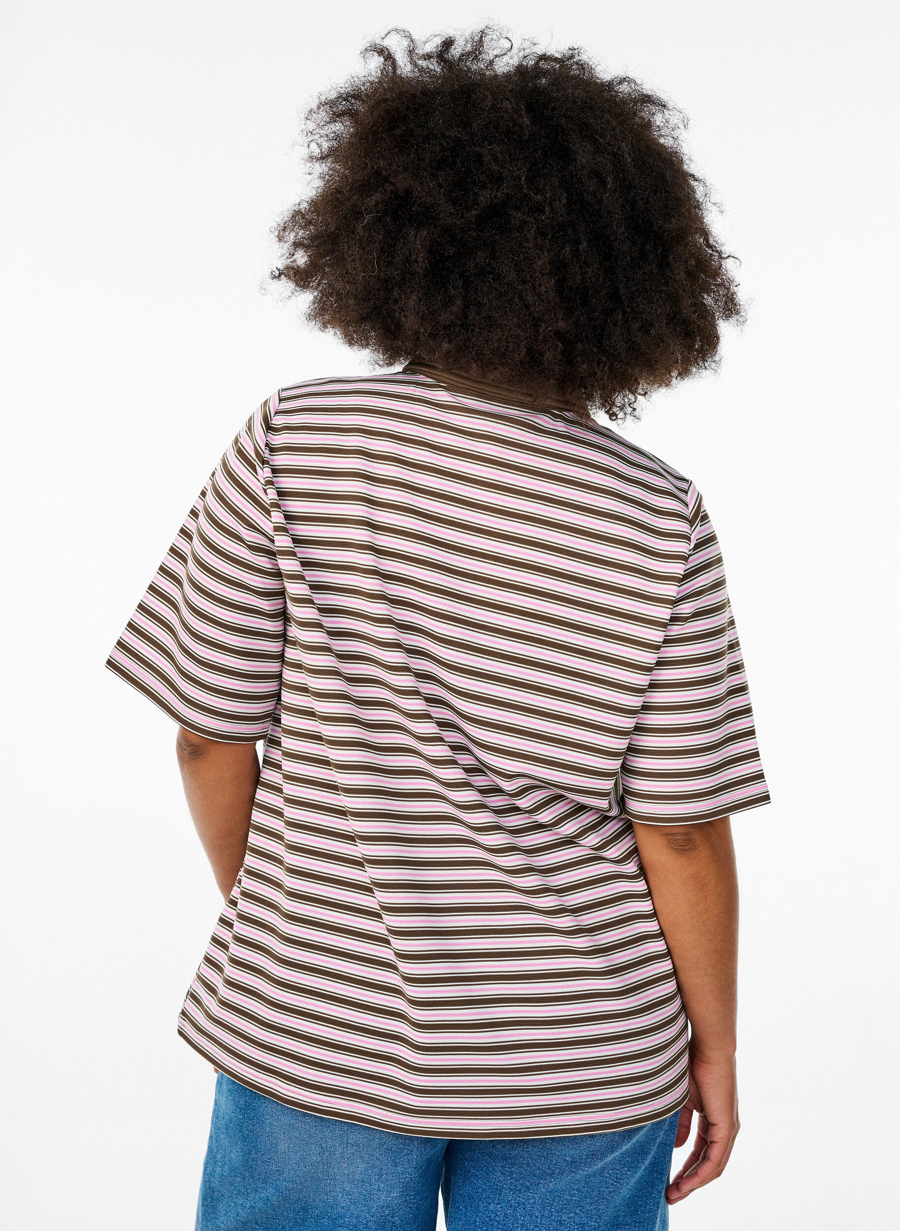 ZizziGestreept poloshirt met korte mouwen en rits, Bruin, Model image number 2