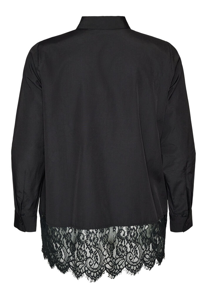 Losse blouse met een brede kanten rand, Zwart, Packshot image number 1