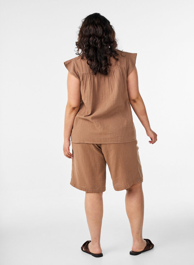 Los katoenen mousseline shorts met een hoge taille, Bruin, Model image number 2