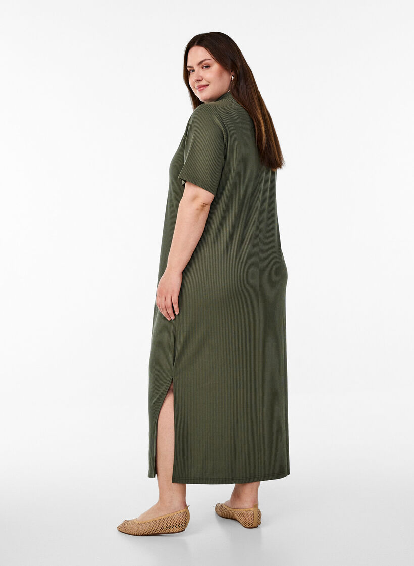 Jersey maxi jurk met kraag en korte mouwen, Groen, Model image number 1