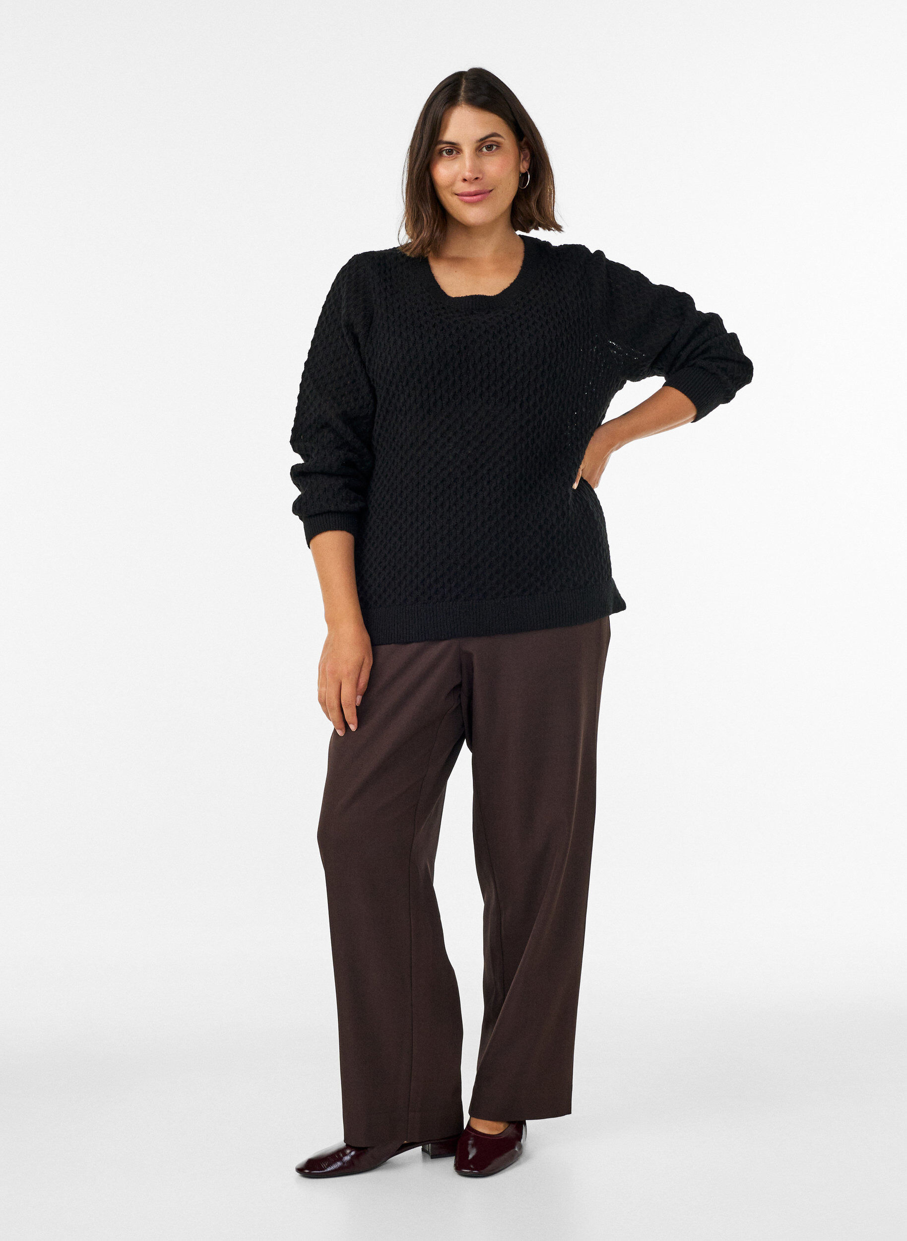 ZizziGebreide blouse met een opengewerkt structuurpatroon, Zwart, Model image number 1