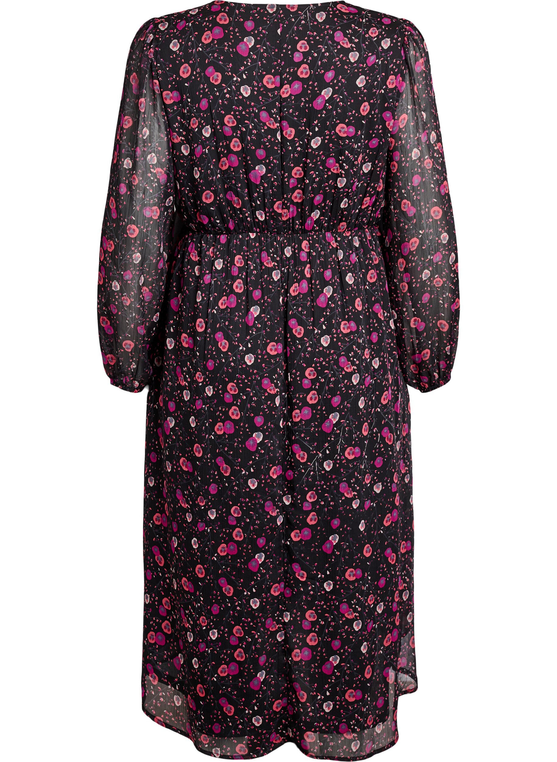 ZizziChiffon jurk met bloemenprint en lange mouwen, Zwart, Packshot image number 1