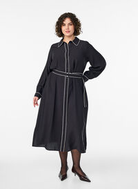 Midi overhemdjurk met contrasterende randen, Zwart Midi overhemdjurk met contrasterende randen, Zwart, Model