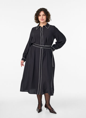 ZizziMidi overhemdjurk met contrasterende randen, Zwart, Model image number 0
