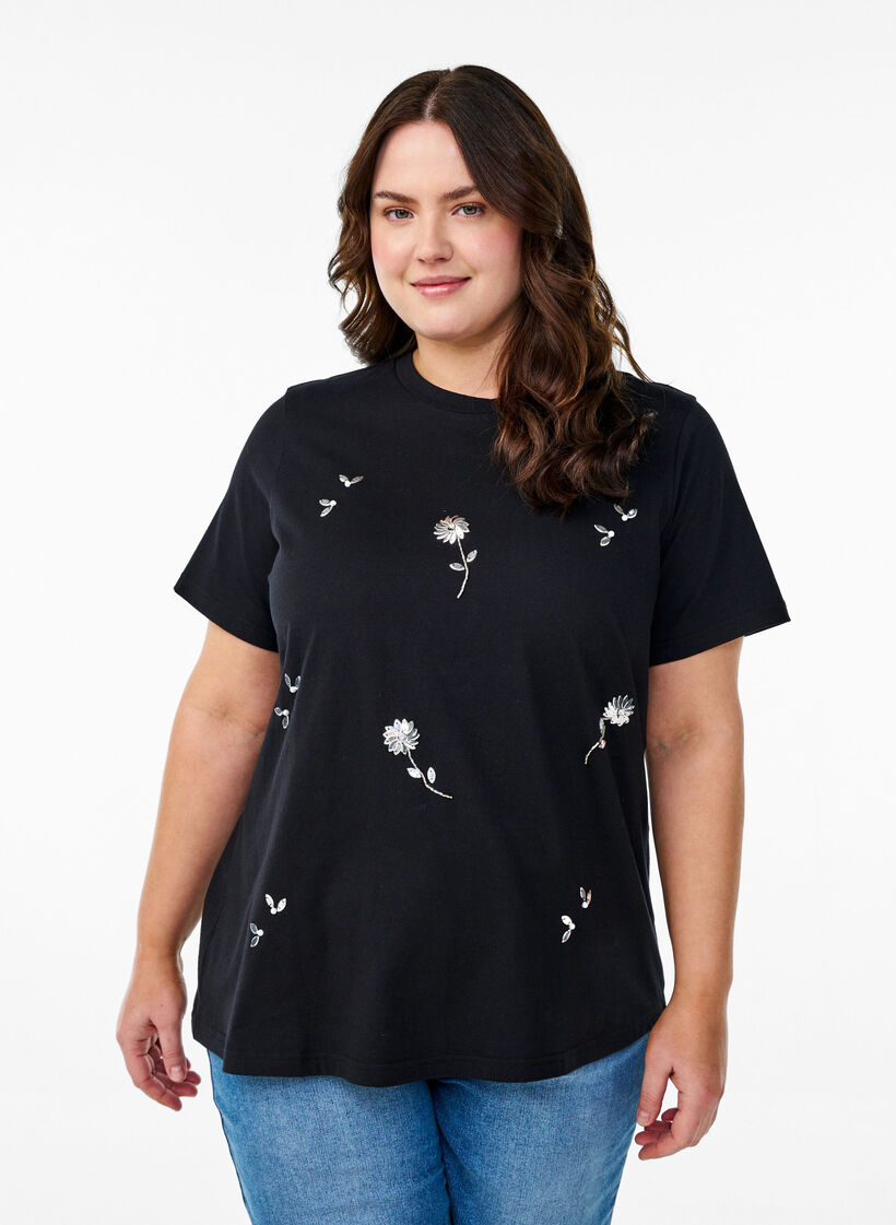 T-shirt met paillettenbloemen, Zwart, Model image number 0