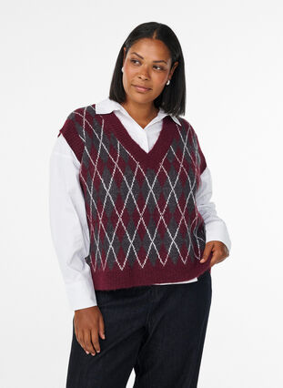 ZizziGebreid vest met een V-hals en argyle patroon, Winetasting Melange, Model image number 0
