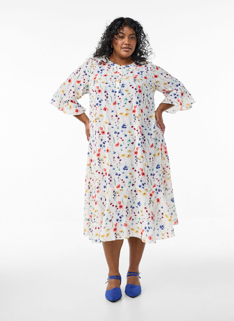 Gebloemde midi-jurk met 3/4-mouwen, Multi Flower AOP, Model