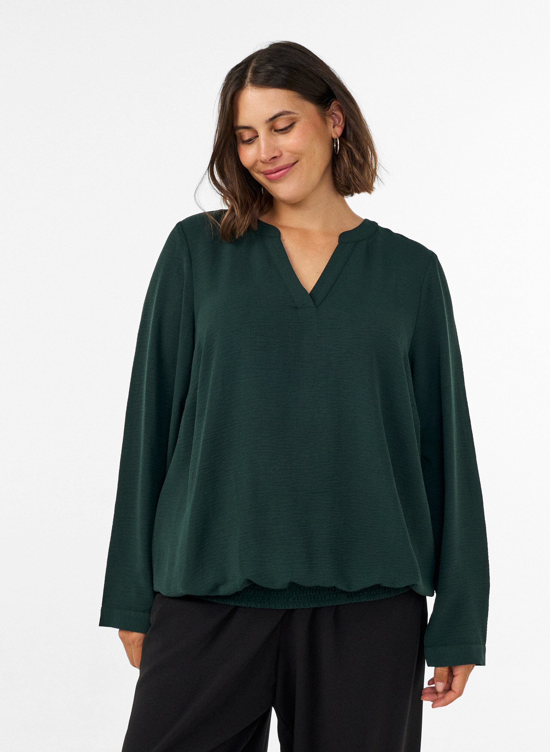 Blouse met ballonsilhouet en V-hals, Groen, Model