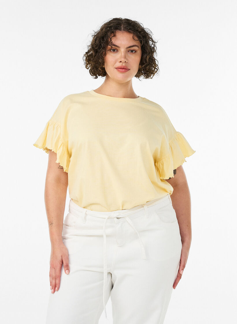 T-shirt van biologisch katoen met ruches mouwen, Geel, Model image number 0