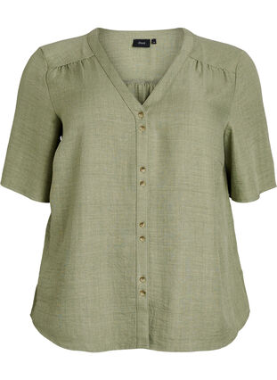ZizziOverhemd blouse met V-hals en korte mouwen, Groen, Packshot image number 0