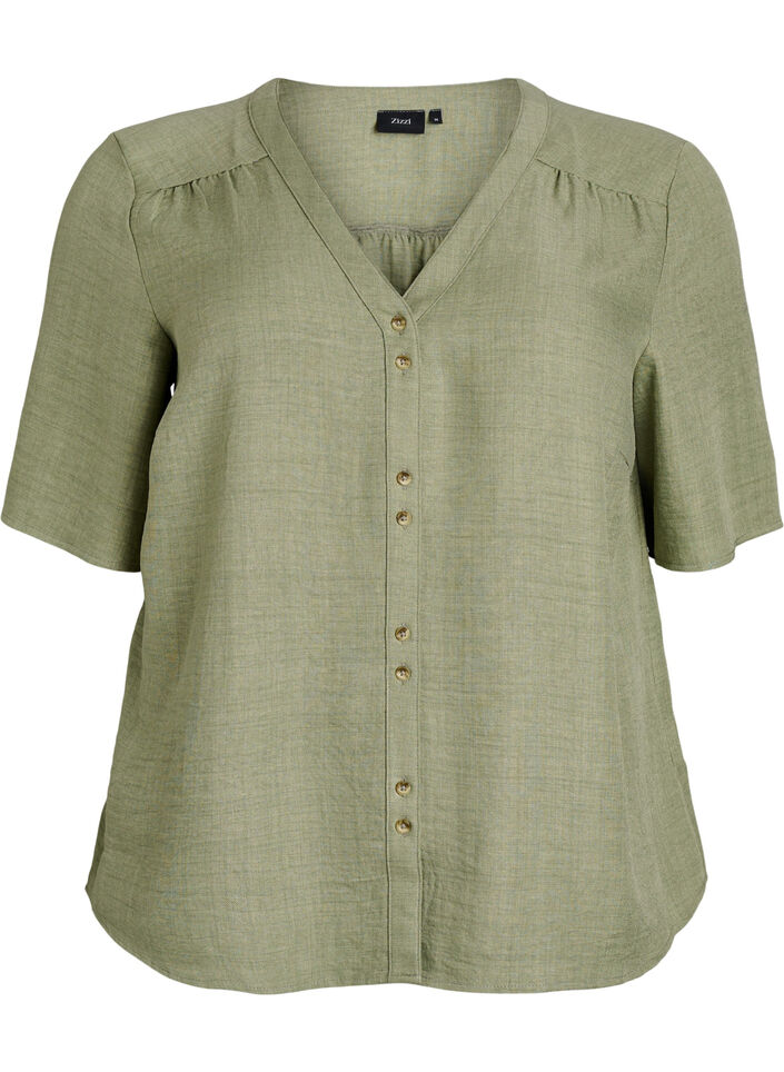 Overhemd blouse met V-hals en korte mouwen, Groen, Packshot image number 0