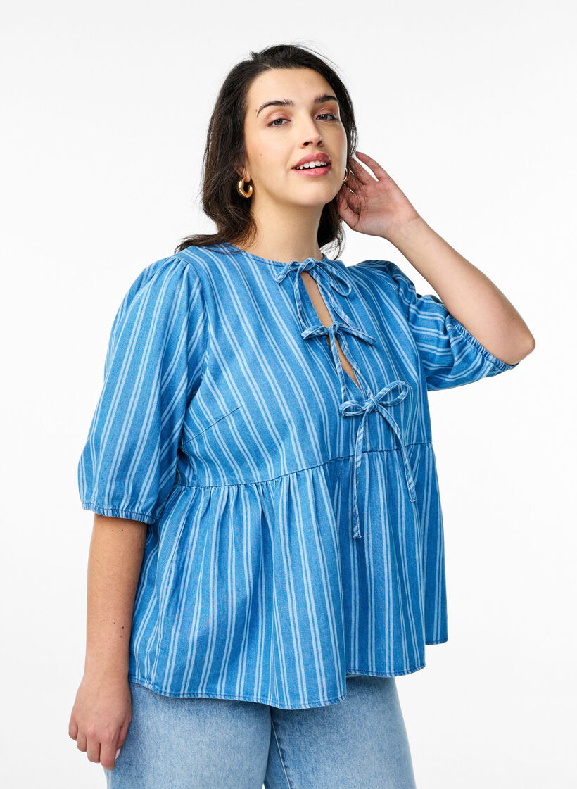 Denim blouse met korte mouwen en streeppatroon, Blue Denim Stripe, Model