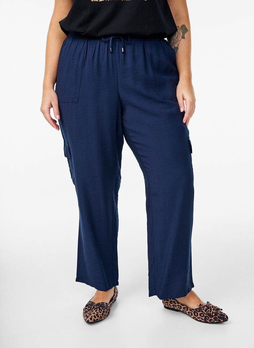 Cargo broek met hoge taille, Blauw, Model image number 2