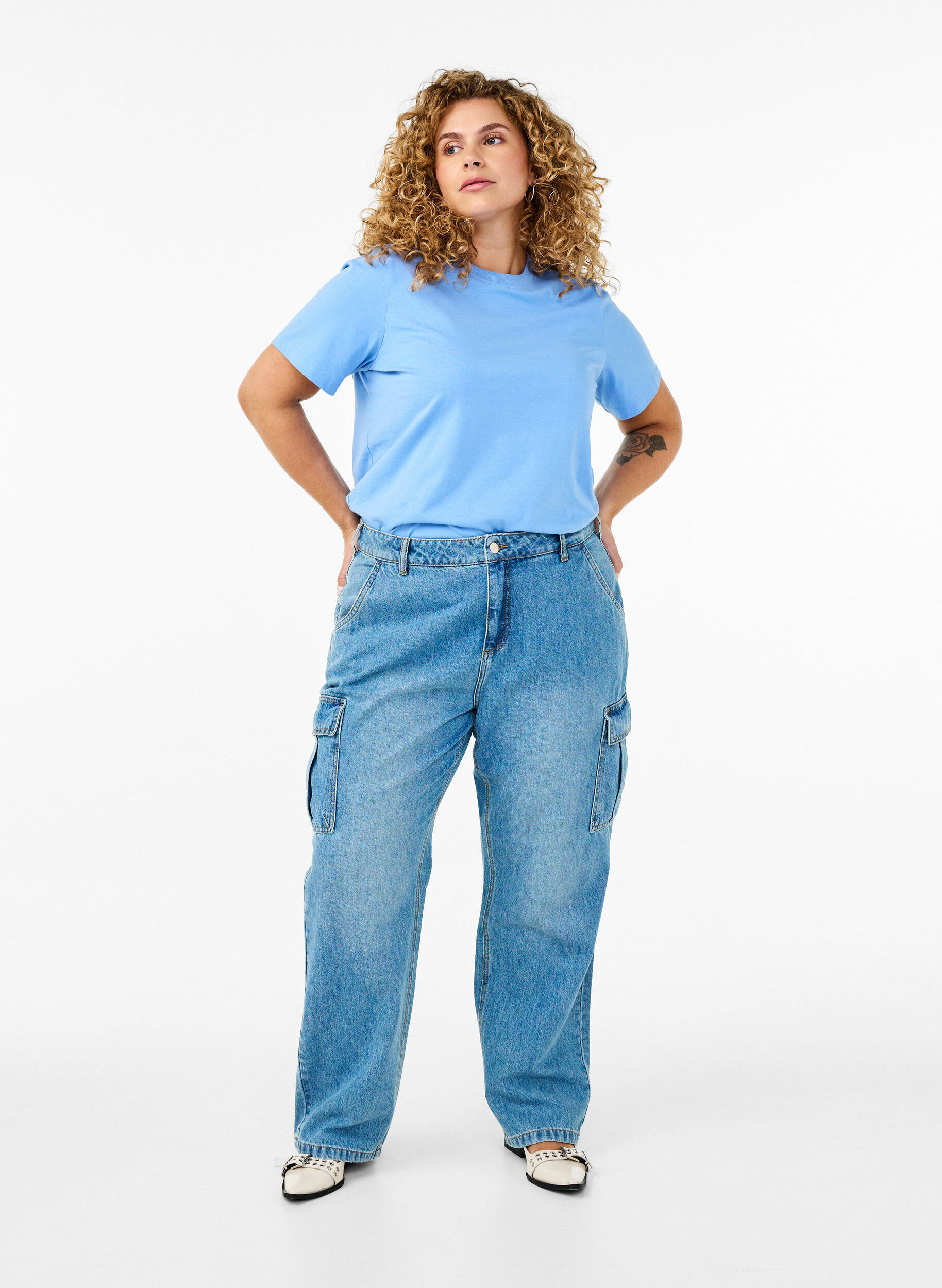 ZizziBasic katoenen T-shirt met ronde hals, Blauw, Model image number 1