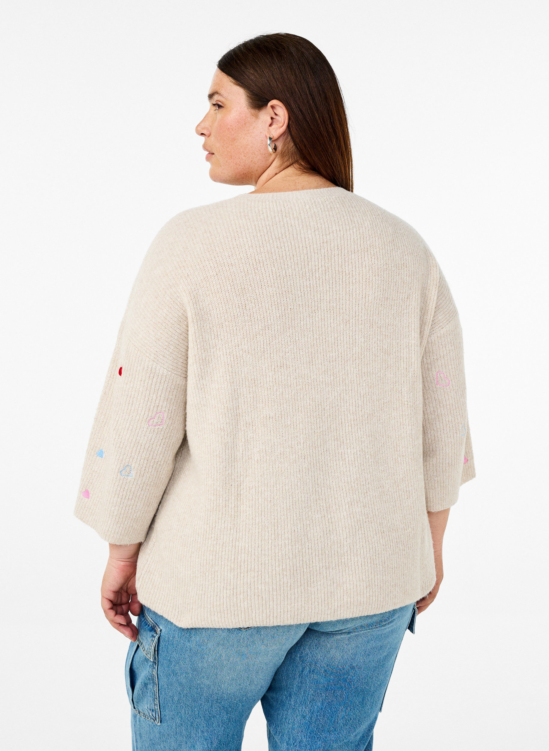 ZizziGebreide blouse met hartjes en 3/4 mouwen, Beige, Model image number 2