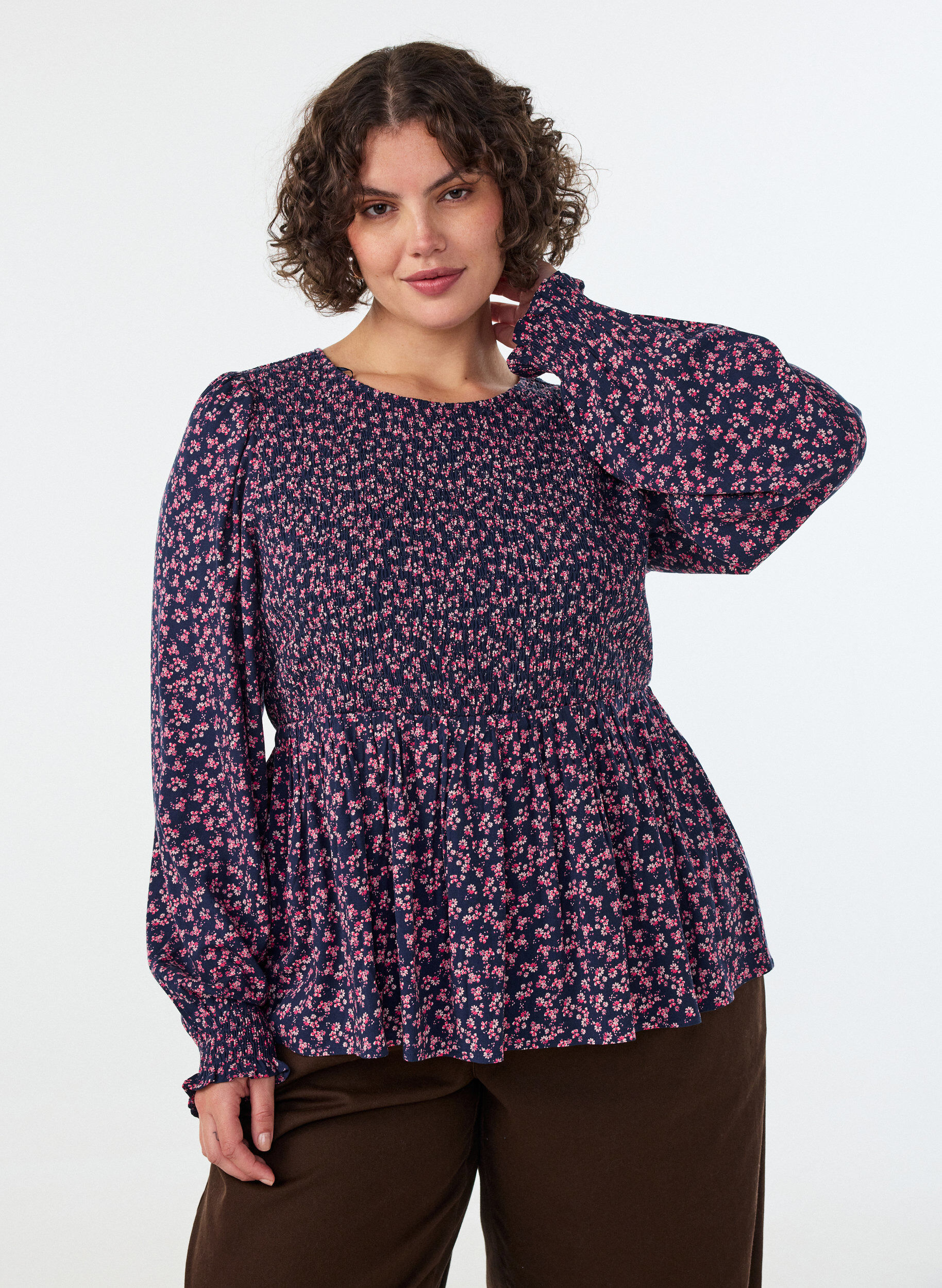 ZizziBlouse met gesmokte top en bloemenprint, Blauw, Model image number 2