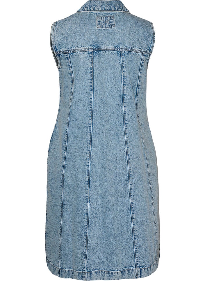 Mouwloze denimjurk met knoopsluiting en splitten, Blauw, Packshot