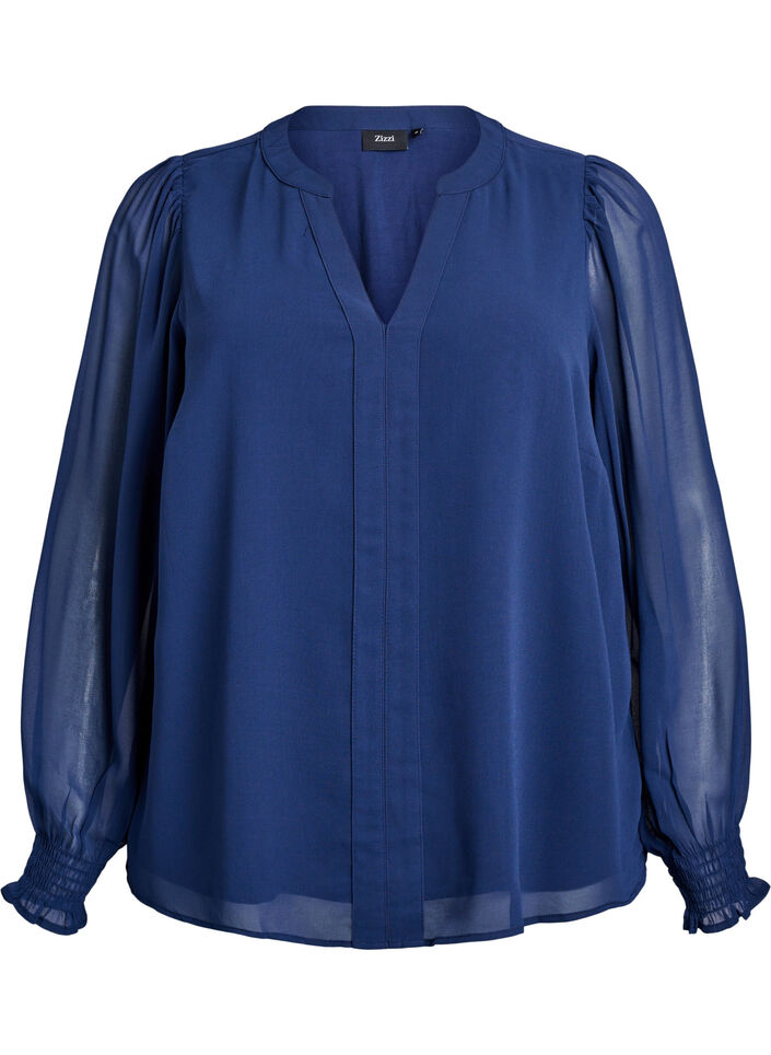 Blouse met doorschijnende mouwen en smockdetails, Blauw, Packshot image number 0