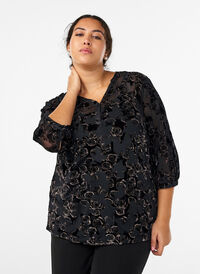Mesh blouse met 3/4 mouwen en velourrozen, Zwart Mesh blouse met 3/4 mouwen en velourrozen, Zwart, Model
