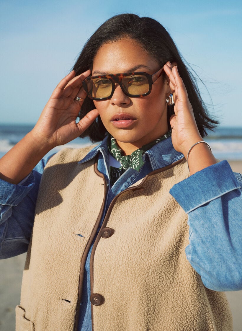 Teddy-fleecevest met contrasterende boorden, Beige, Image image number 0