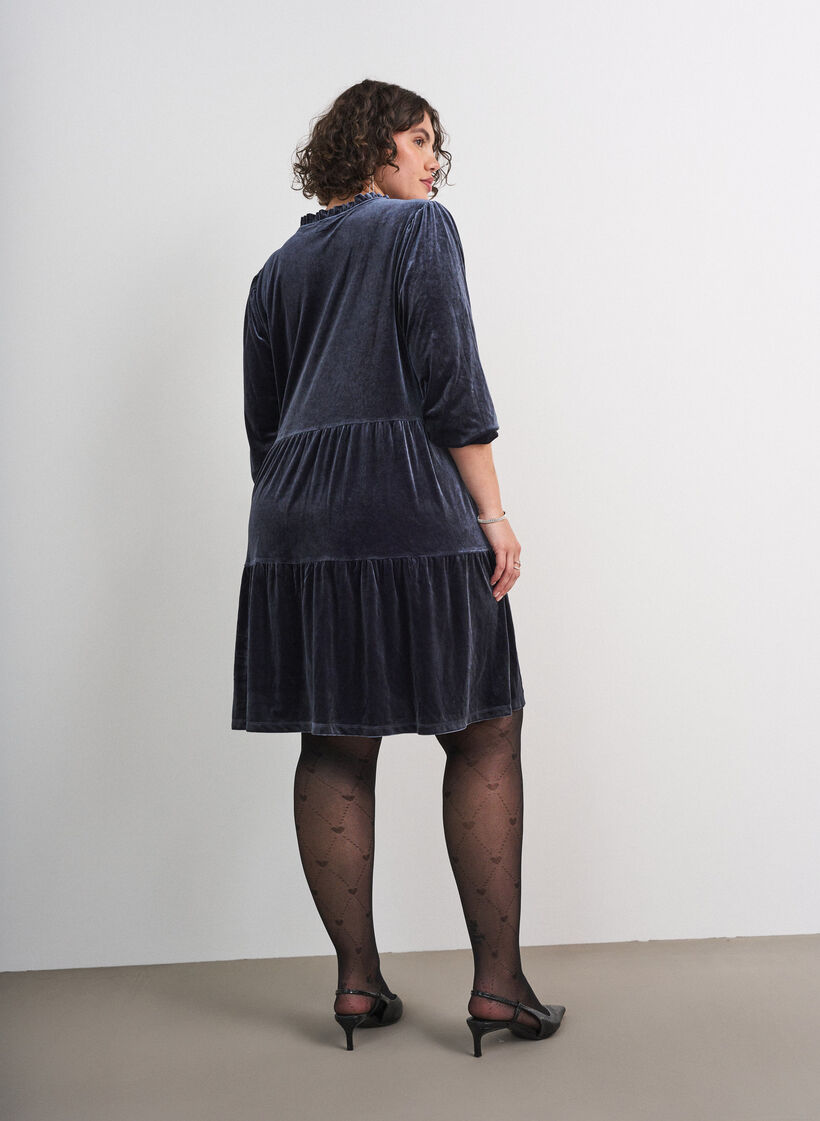 Veloursjurk met lange mouwen en een ruchekraag, Blauw, Model image number 2