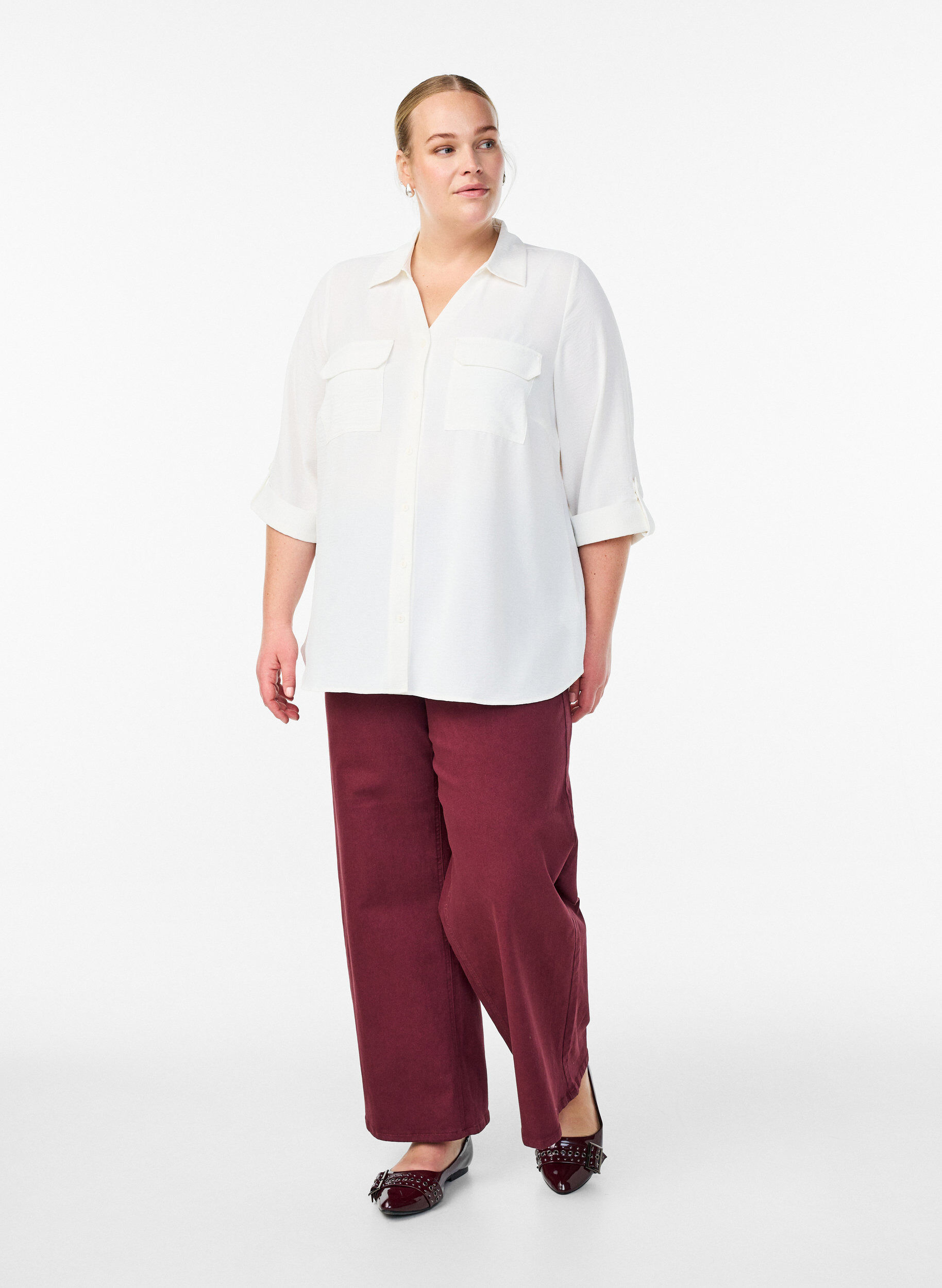 Zizzi Chemise avec poches poitrine et manches 3/4, Vanille, Model image number 1