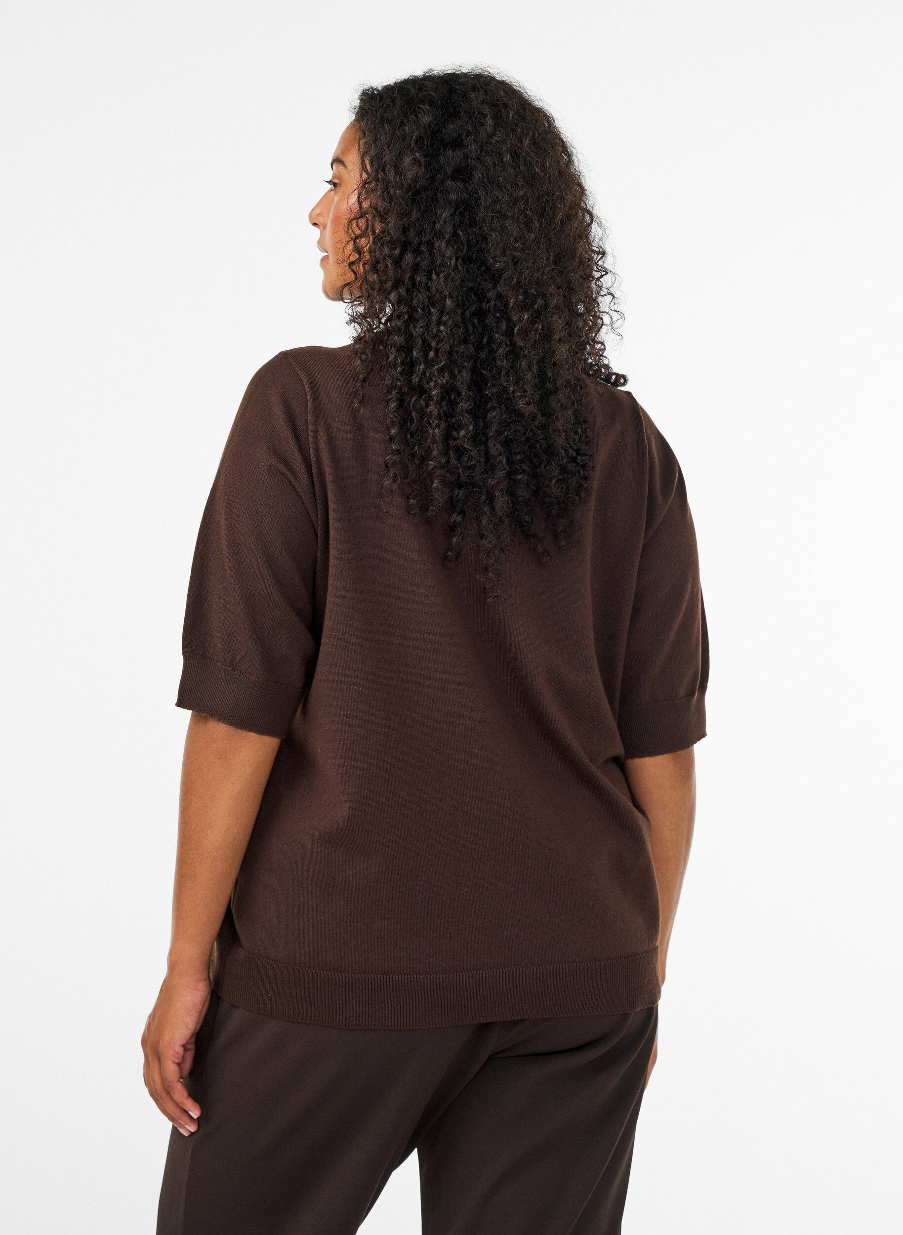 ZizziFijngebreide blouse met korte mouwen, Bruin, Model image number 1