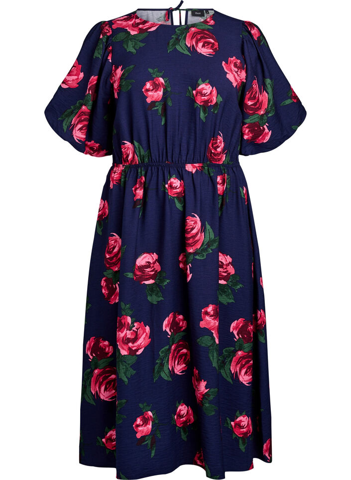 Midi-jurk met rozenprint en korte ballonmouwen, Pink Rose AOP, Packshot