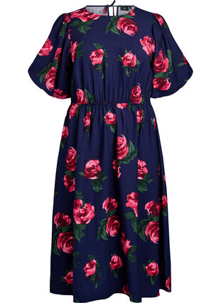 ZizziMidi-jurk met rozenprint en korte ballonmouwen, Pink Rose AOP, Packshot image number 0