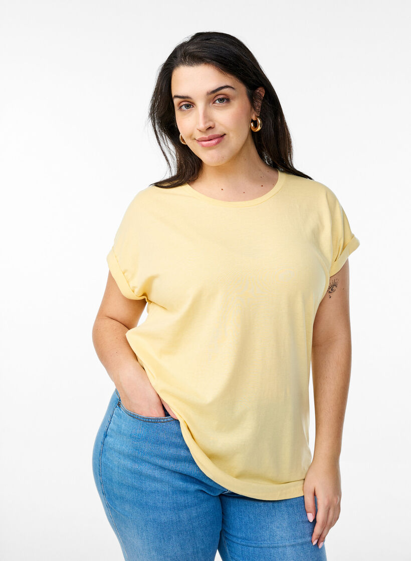 T-shirt met korte mouwen van katoenmix, Geel, Model image number 0