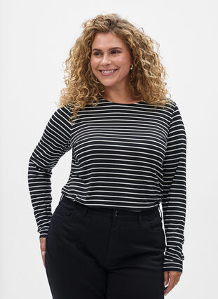 ZizziGestreepte blouse met lange mouwen, Zwart, Model image number 0