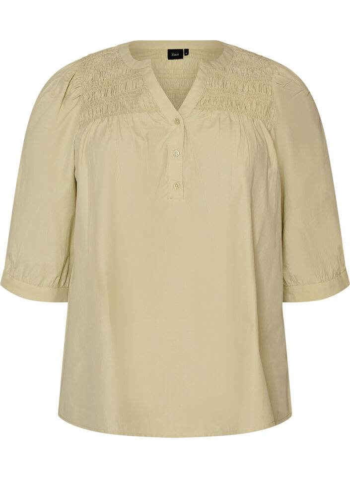 Blouse met smock en 3/4-mouwen, Groen, Packshot image number 0