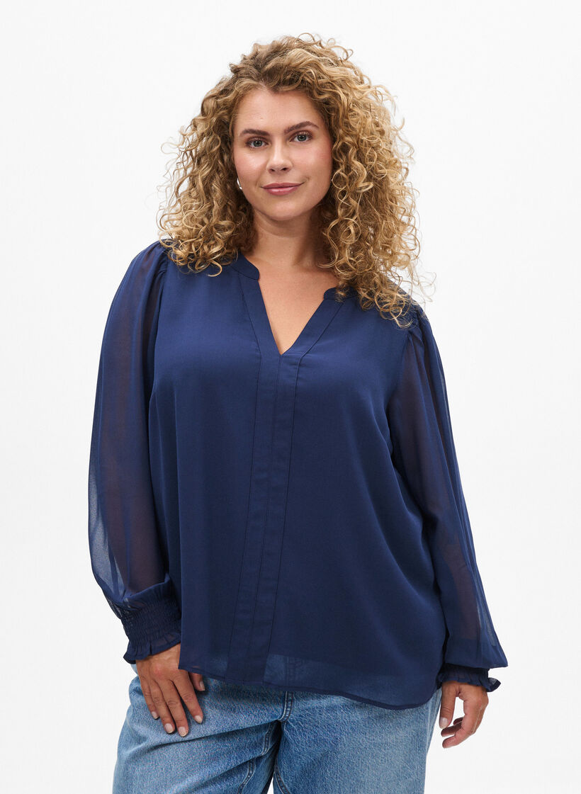 Blouse met doorschijnende mouwen en smockdetails, Blauw, Model image number 0