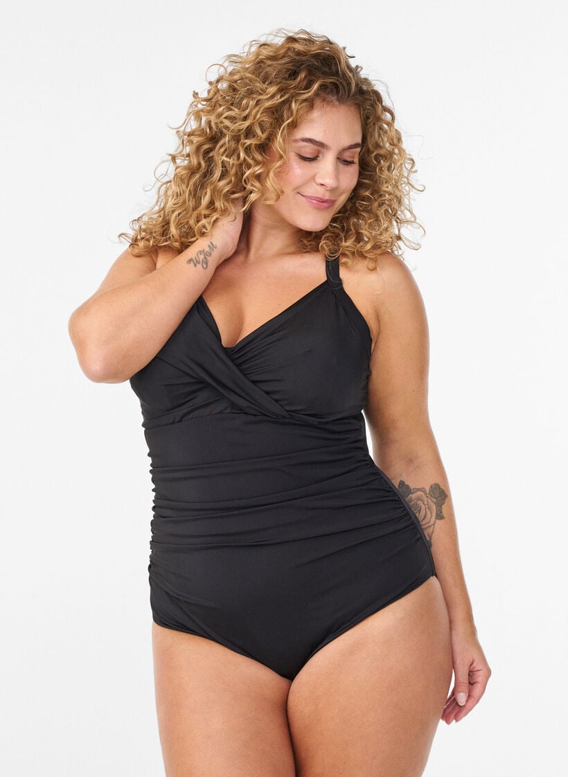 Badpak met beugel en geplooid effect, Zwart, Model image number 0