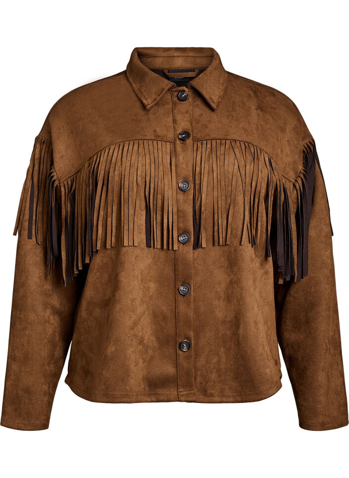 Imitatie suède jacket met franjes, Brown Fake Suede, Packshot