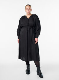 Midi jurk met knoopsluiting en strikceintuur, Zwart Midi jurk met knoopsluiting en strikceintuur, Zwart, Model