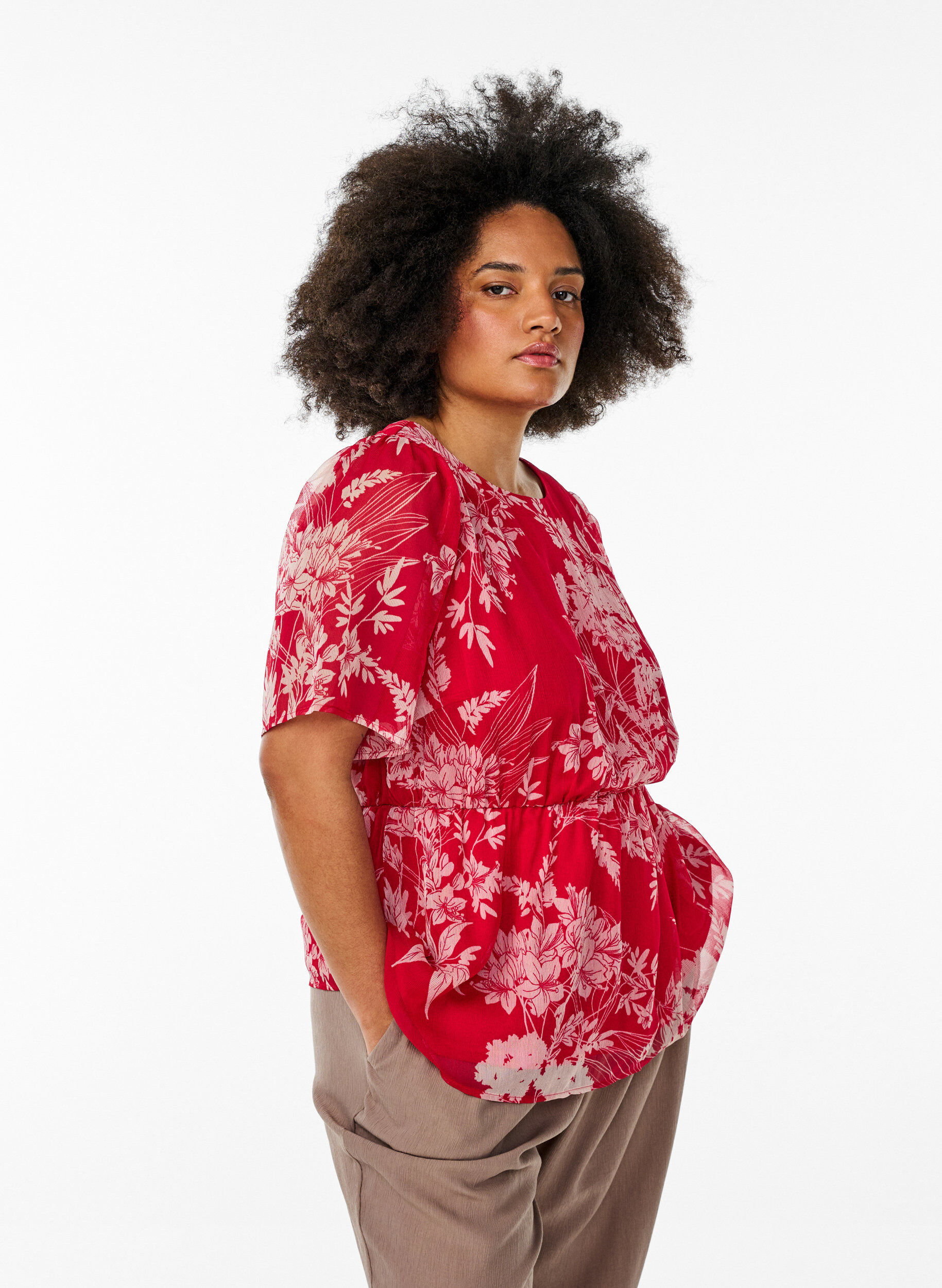 Chiffon blouse met bloemenprint en elastische taille, Rood, Model