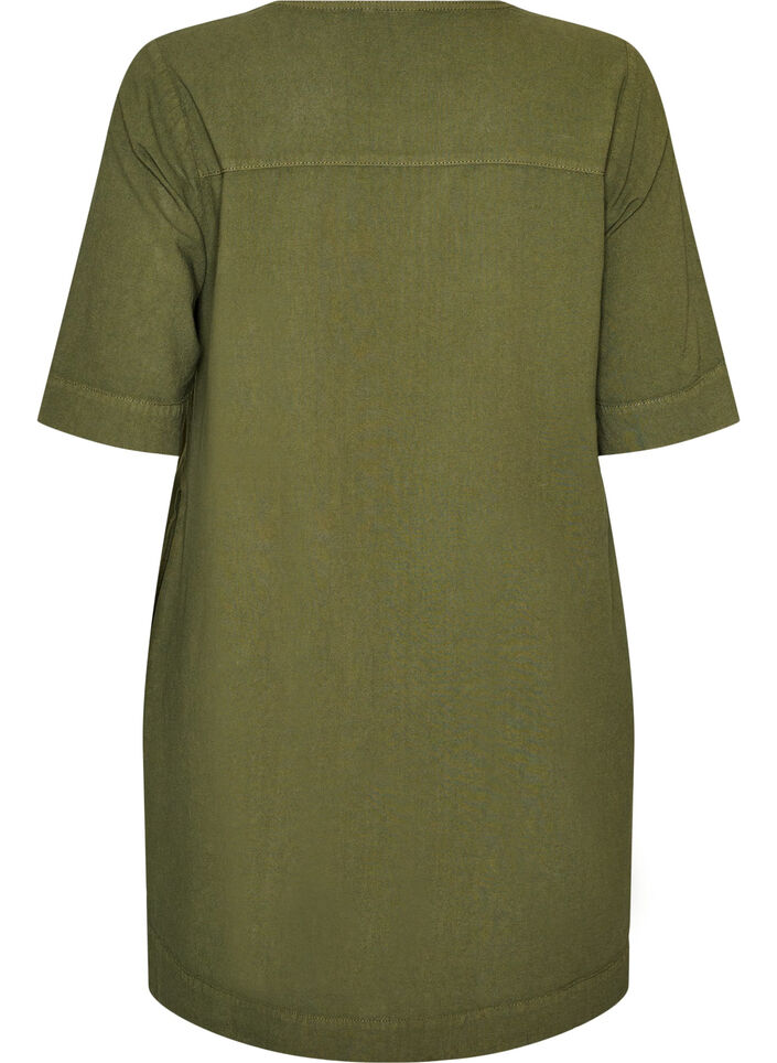 Katoenen jurk met korte mouwen en zakken, Groen, Packshot image number 1