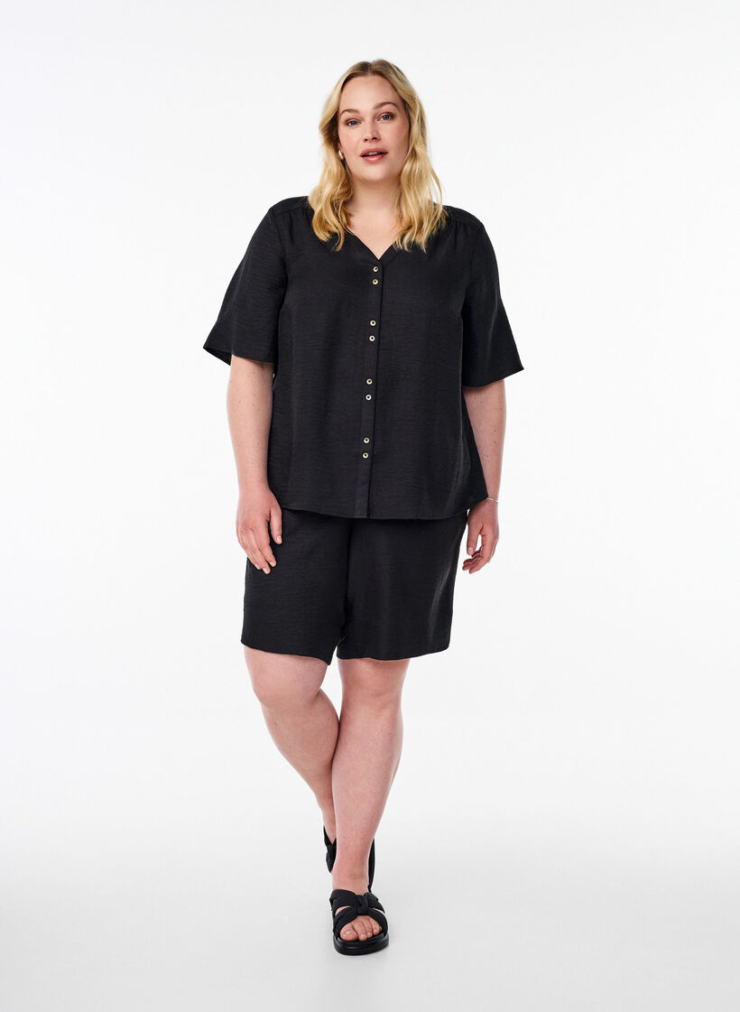 Overhemd blouse met V-hals en korte mouwen, Zwart, Model image number 1