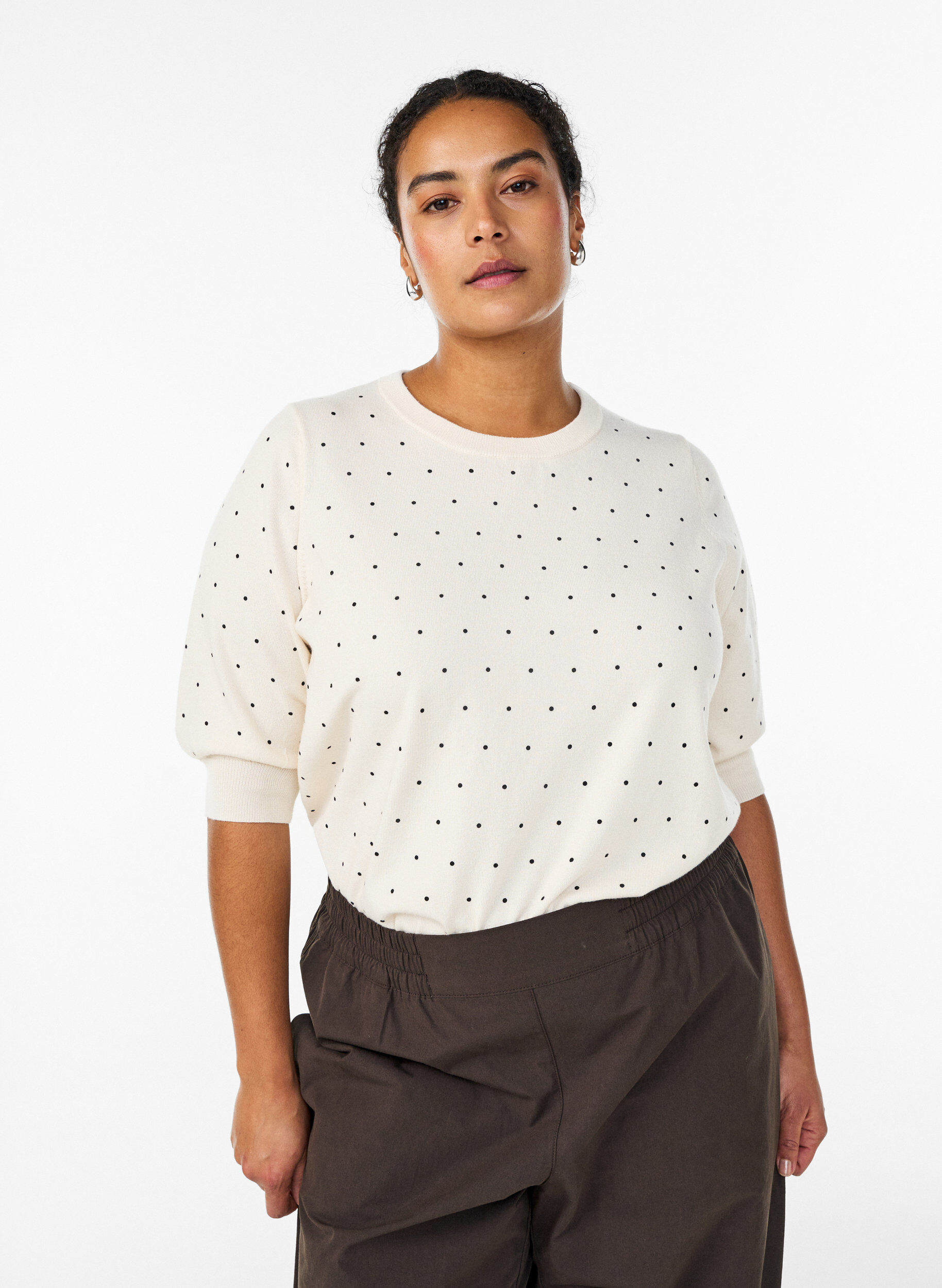 Gebreide top met stippenpatroon en korte mouwen, Wit, Model