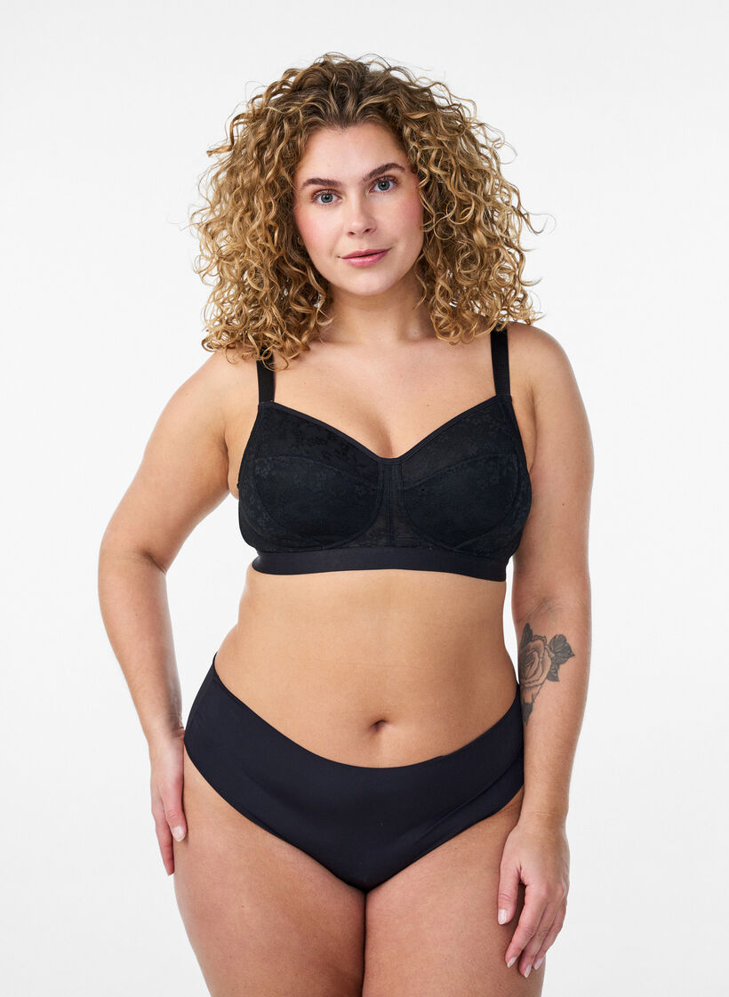 Soutien-gorge sans armatures avec dentelle, Noir, Model image number 1